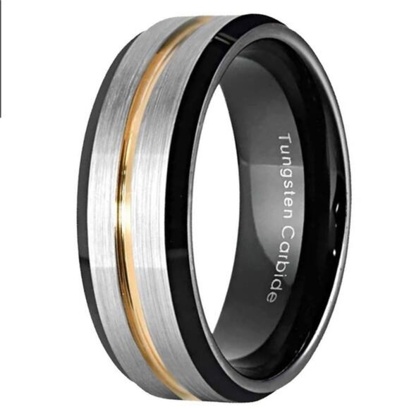 Mens Wedding Band 6mm Silver Brushed Black Edge Gold Line - Rings - Picture 1 of 5